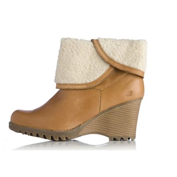 Skechers Poise Rolldown Shearling Ankle Boots tan Leather  Wedge Heel Sz 8.5 - Picture 1 of 16